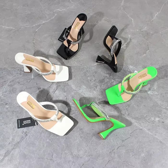 Tongs à bout carré en cristal pour femmes, talons aiguilles, vert, mode de rue, extérieur, chaussure