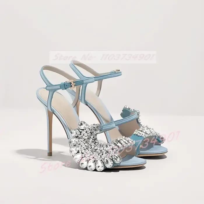 Bout ouvert cristaux fleur sandales femmes mariage luxe bride à la cheville bout rond talons aiguill