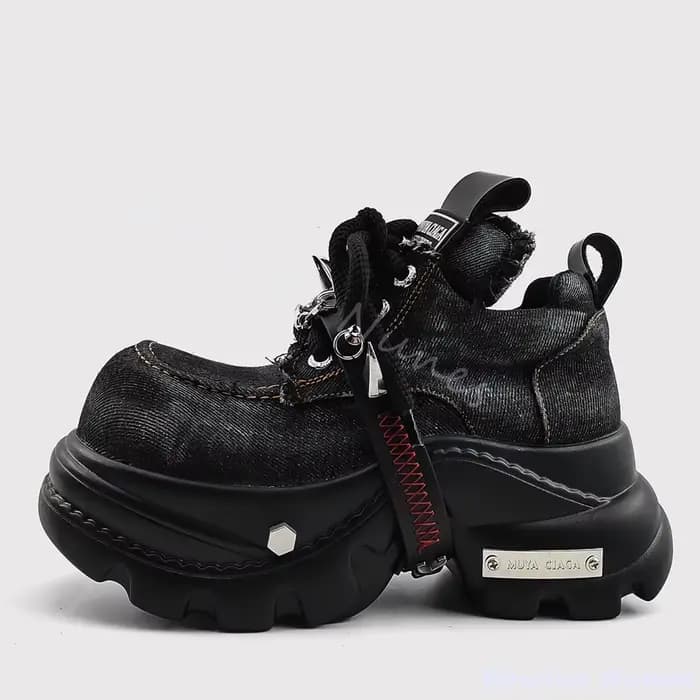 Evil Eye Punk Denim chaussures femmes décoration en métal bout rond plate-forme croix liée chaussure