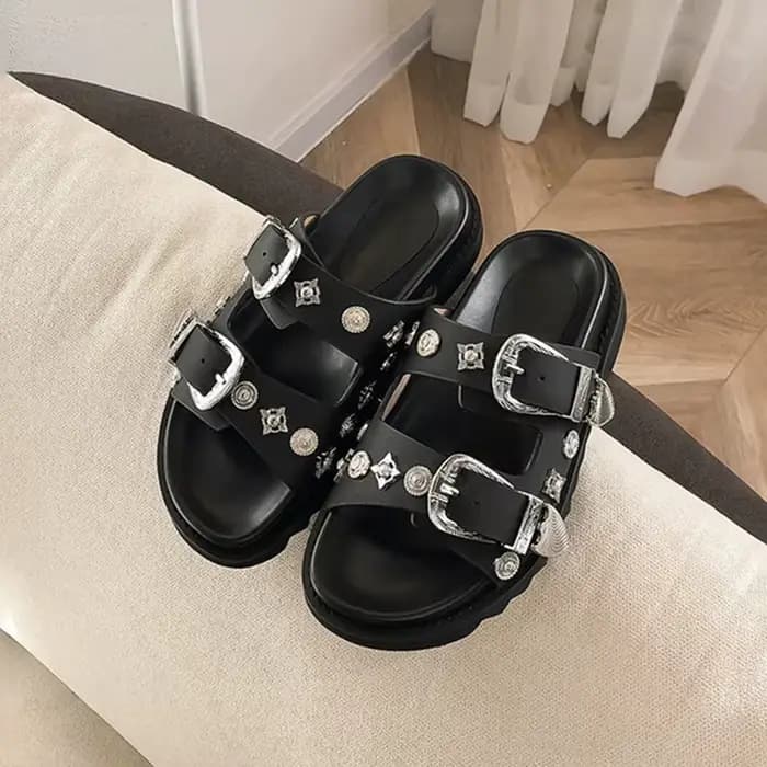 Mules d'été pour femmes, pantoufles à Rivets, Punk Rock, plate-forme en cuir, pantoufles créatives a
