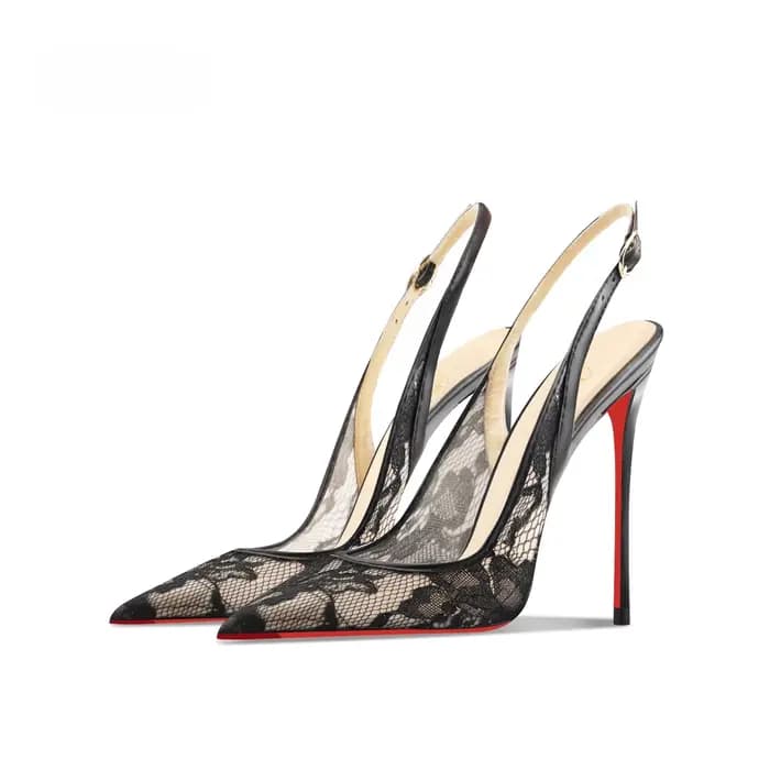 Sandales à talons hauts en dentelle noire à bout pointu, talons fins et bouche peu profonde, confort