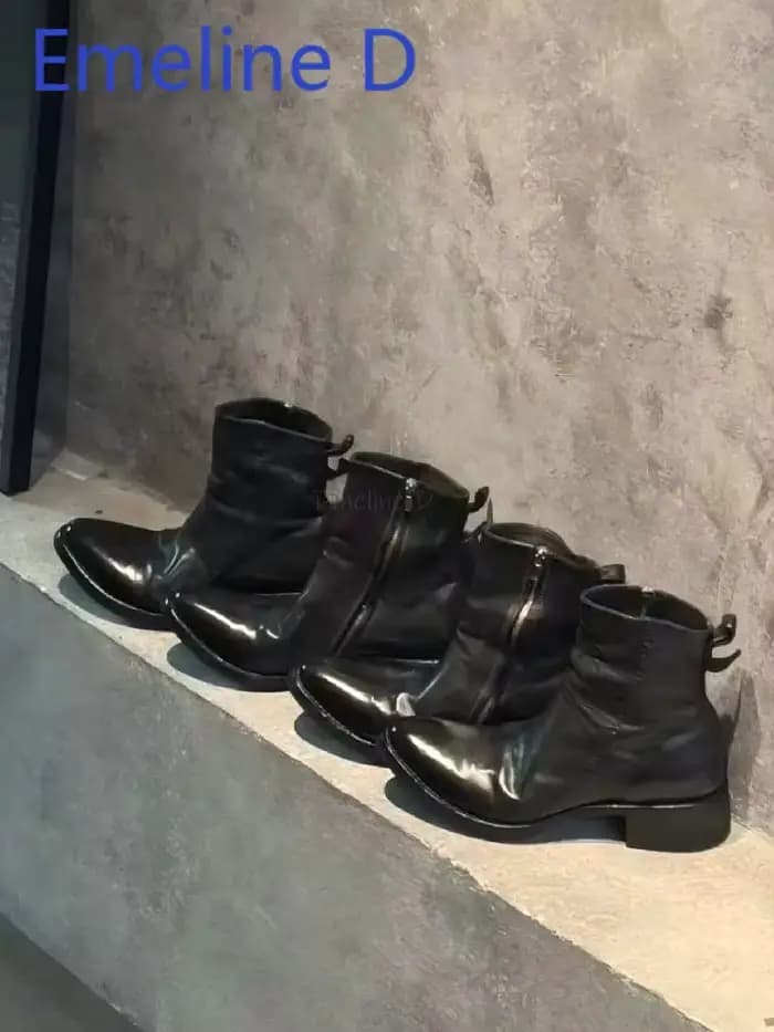 Bottes courtes plissées verticales avec fermeture éclair latérale, en cuir noir, Style minimaliste, 