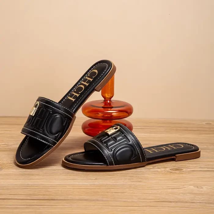 C-H femme chaussures plates été nouvelle couleur unie en relief sandales Simple mode pantoufles pour