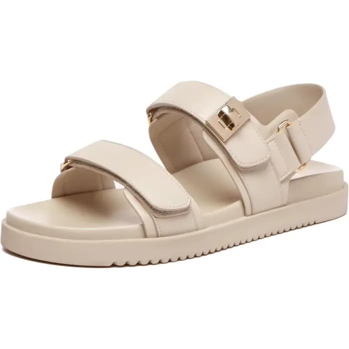 Sandales Plates Confortables et Réglables à Double Sangle pour Femme, Chaussures en Cuir à Enfiler