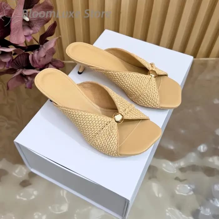 Mules tissées en raphia torsadé pour femme, bouton métallique, talon chaton, sandales à bout carré o