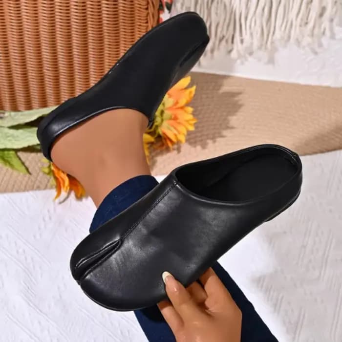 Mules à bout fendu pour femmes en cuir PU souple, chaussures plates à enfiler, demi-chaussons décont