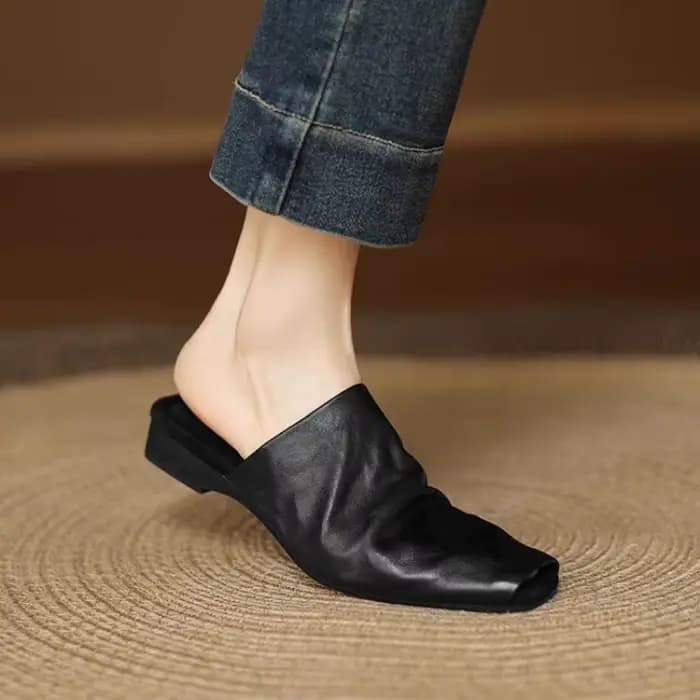 Mules pour femmes, chaussures d'extérieur, pantoufles carrées fermées, en cuir de vache, ballerines 