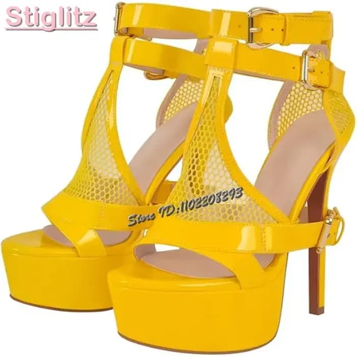 Sandales à plateforme en cuir verni orange, sexy, à bout ouvert, avec boucle et lacets croisés, talo