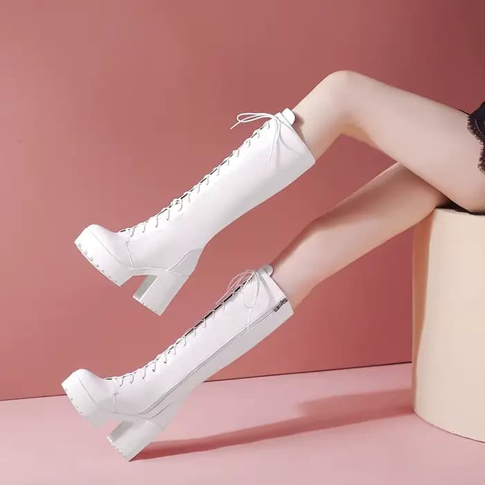 Bottes en dentelle croisée à semelle épaisse pour femmes, Ultra-haute, à fermeture éclair, Style Pun