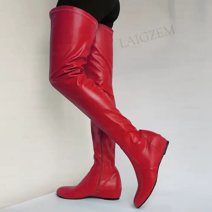 LAIGZEM femmes cuissardes en Faux cuir bout rond fermeture éclair latérale mi talons cachés bottes d