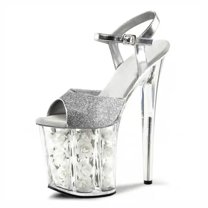 Chaussures de mariage à talons roses de 20CM, sandales à plateforme en cristal rouge avec fleurs fra