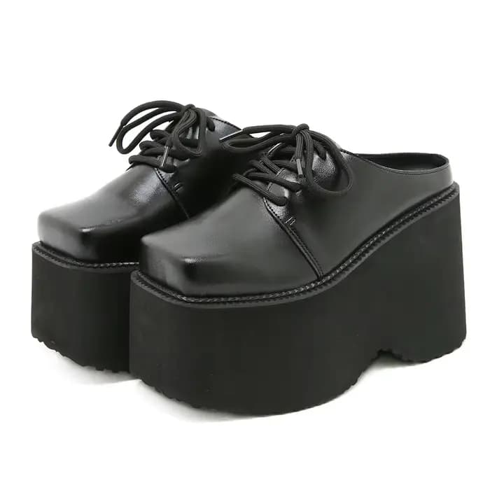 Gdgydh Mules noires à plateforme pour femmes, style Oxford à bout carré, avec semelle en caoutchouc 