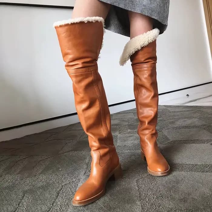 Hiver laine fourrure pliable haut sur le genou bottes femme chameau noir huile cire cuir fourrure bo