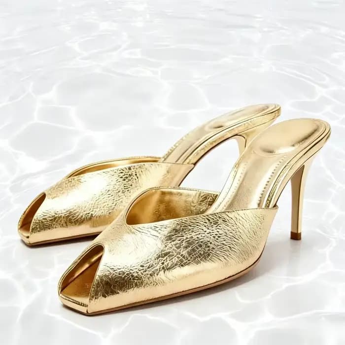 Pantoufles à talons hauts en cuir verni doré pour femmes, sandales coulissantes Sexy à bout ouvert, 