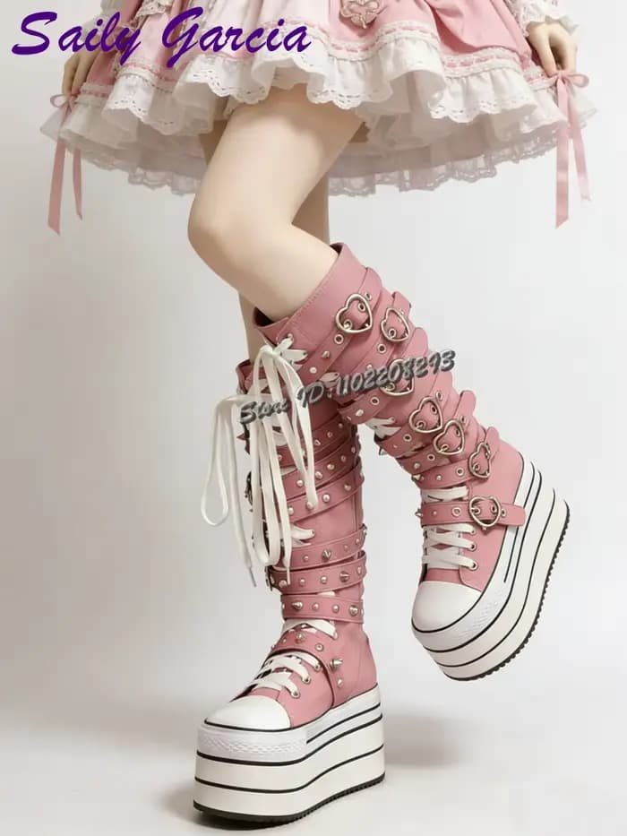Bottes hautes en toile rose bonbon à boucle cœur, à pois, bout rond, à lacets croisés, style punk co