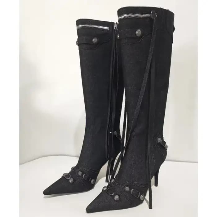 Bottes Hautes à Talons Fins et Pointus pour Femme, Chaussures en Denim, Design de Marque, à la Mode,