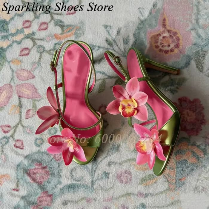 Sandales à talons hauts rose à fleurs de lys, à lanières, bout ouvert, avec boucle, pour le printemp