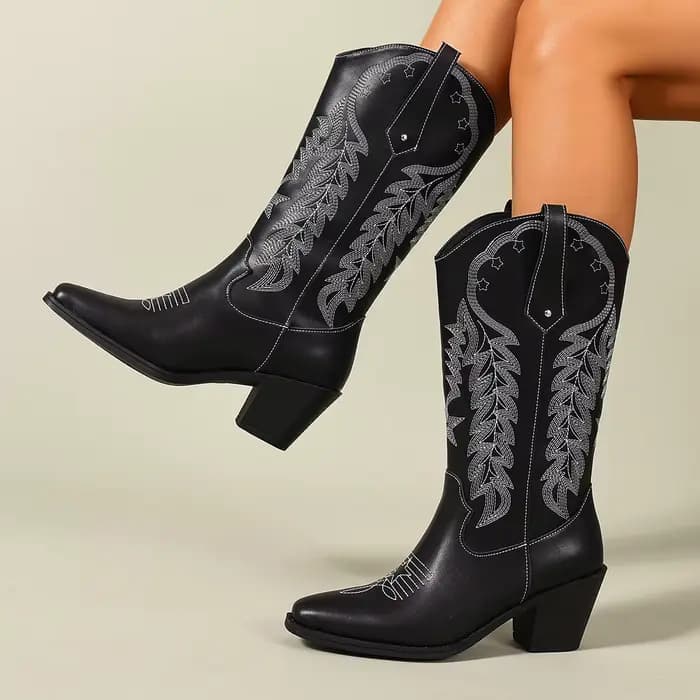Bottes Western noires brodées avec talon épais, bout carré, style bohème, style européen et américai