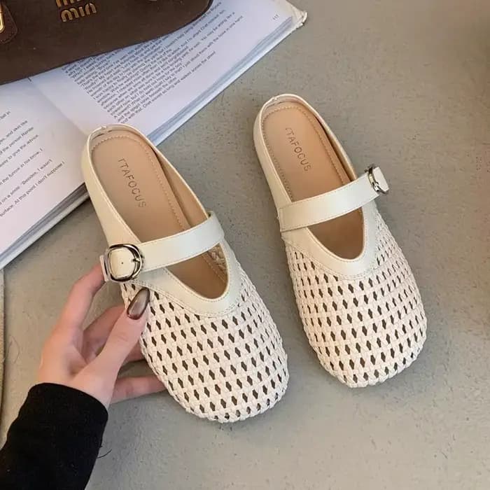 Mules pour femmes, nouvelles sandales d'été tissées à bout fermé, ajourées, respirantes, plates, déc
