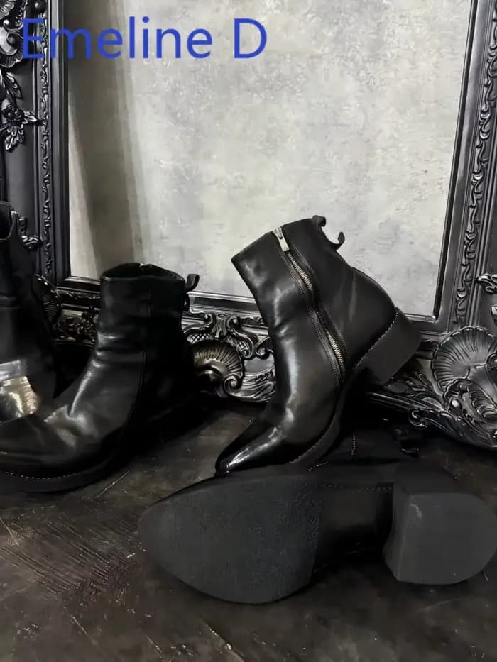 Bottes courtes plissées verticales avec fermeture éclair latérale, en cuir noir, Style minimaliste, 