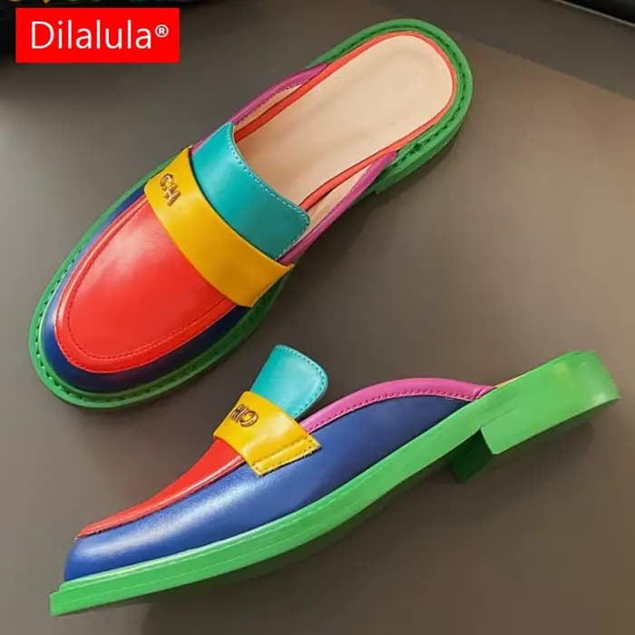 Dilalula-Pantoufles en Cuir group pour Femme, Chaussures Mixtes à la Mode, Bout Couvert, Mules Plate