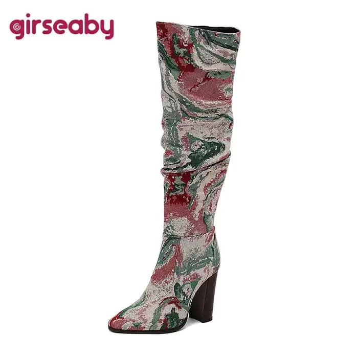 Girseaby femme cuissardes bout carré fermeture éclair plissé bloc talons grande taille 47 48 49 50 d