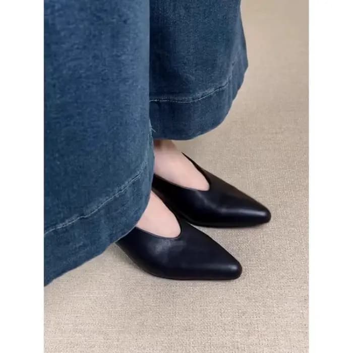 Escarpins à talons épais et bout pointu pour femmes, chaussures habillées rétro françaises coupe bas