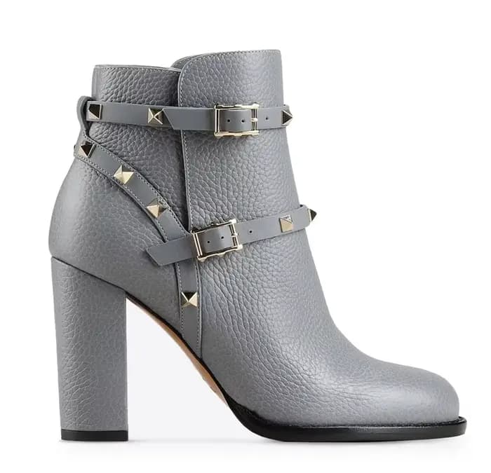 Bottines à rivets en cuir véritable pour femme, bottes courtes à talons épais et bout rond avec bouc
