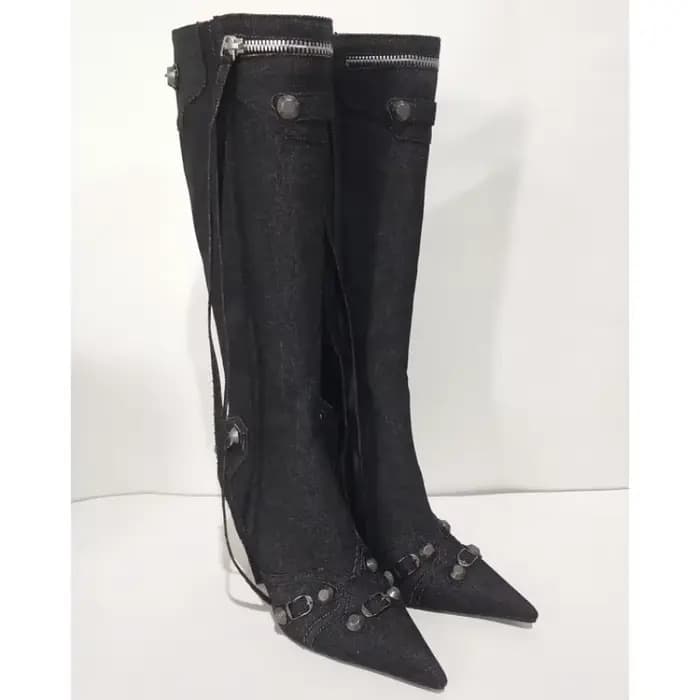 Bottes Hautes à Talons Fins et Pointus pour Femme, Chaussures en Denim, Design de Marque, à la Mode,