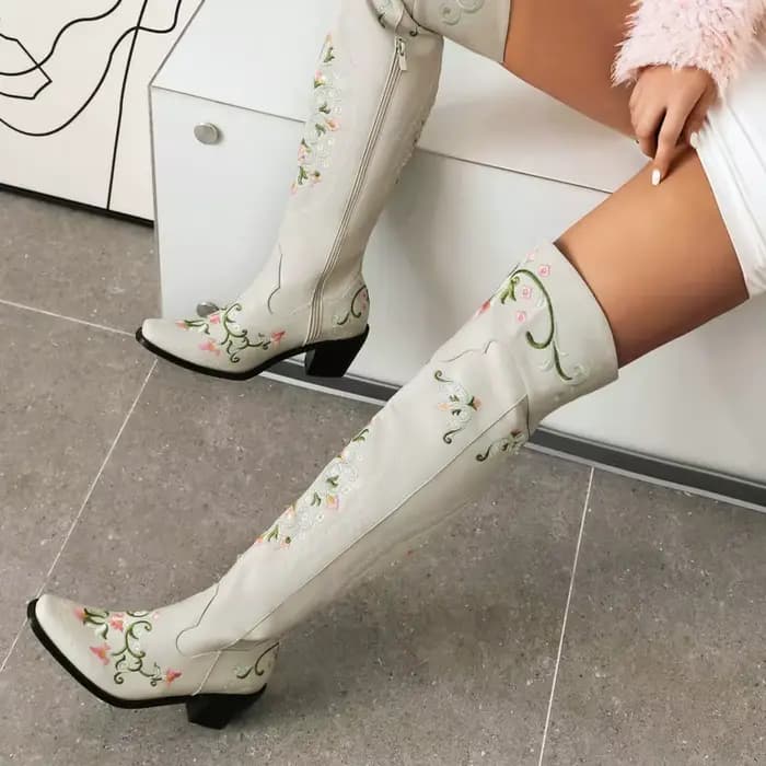 Mode Vintage lac bleu cuir fleurs broderie cuissardes mi talons épais fermeture éclair côté Floral T