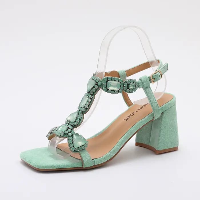 Glamour rose/vert pierres précieuses sandales à talons hauts femmes élégantes strass bride à la chev