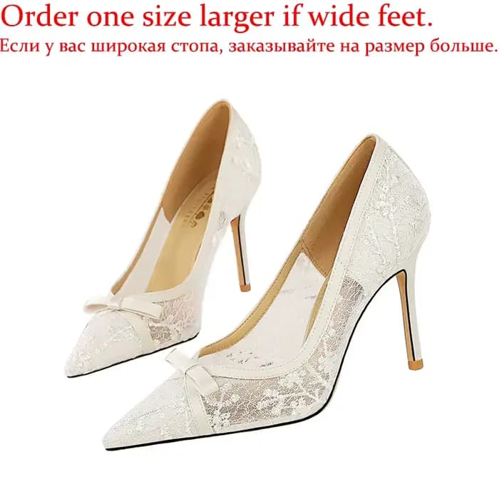 Nouvelles Escarpins Chic pour Femme en Dentelle Champagne à Talons Hauts de 9,5 cm, avec Nœud Élégan