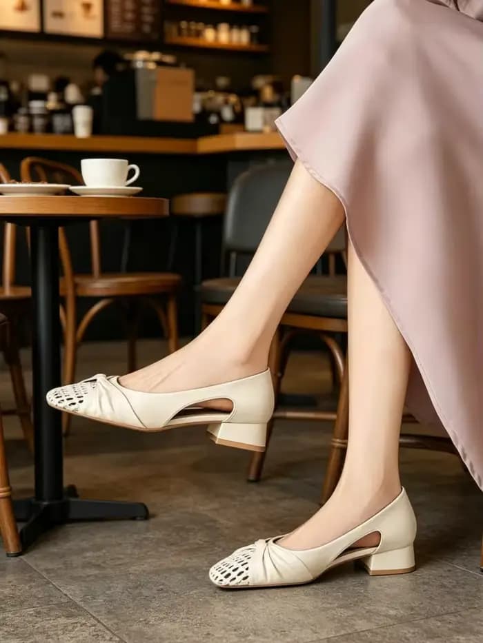 Escarpins pour femmes à talon carré et bout ajouré, style français, coupe basse, découpes latérales,