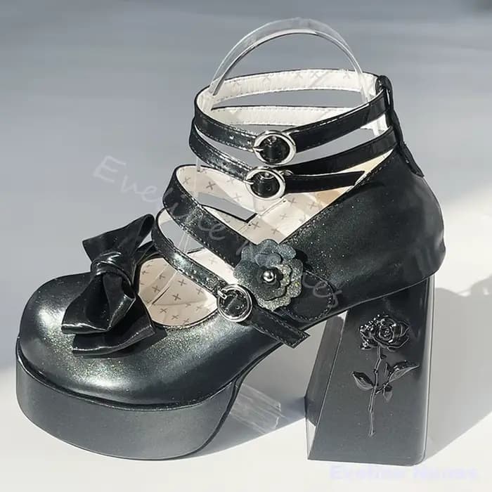Sandales Lolita à talon épais et plateforme, ornées de roses et de nœuds, polyvalentes, mignonnes et