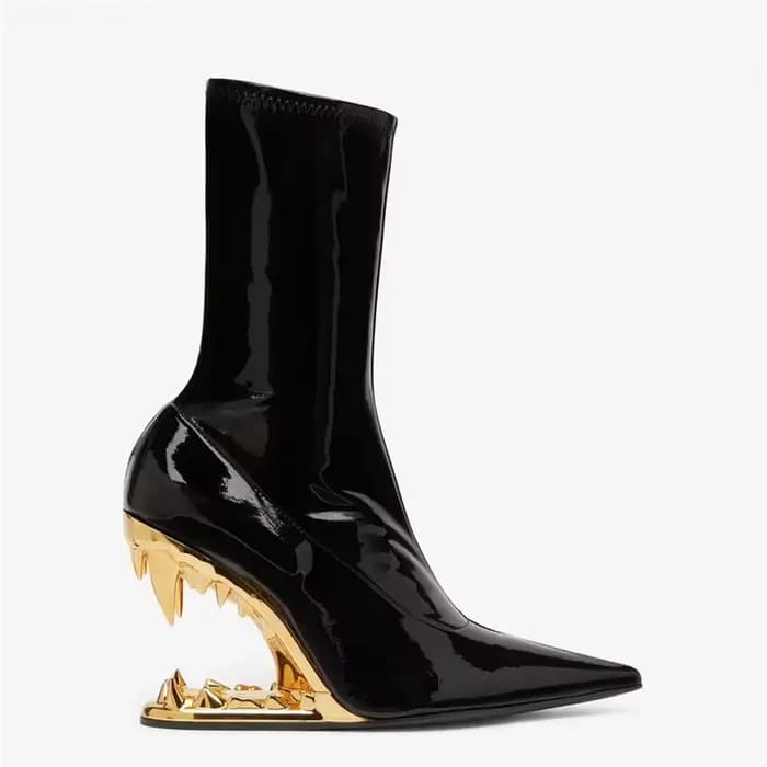 Nouvelles bottines noires à bout pointu pour femme, talon doré, à enfiler, en cuir verni extensible,
