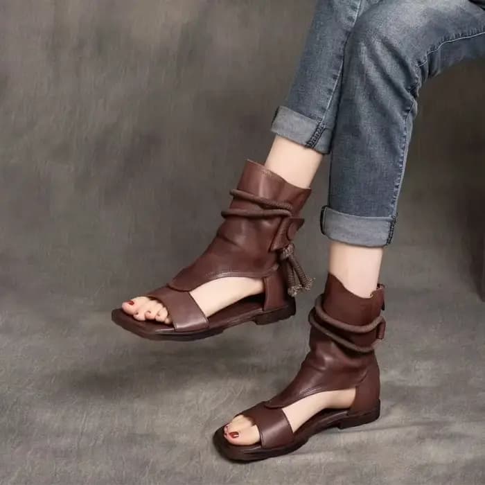 Birkuir-Sandales hautes en cuir véritable pour femmes, chaussures plates ouvertes pour dames, bottes