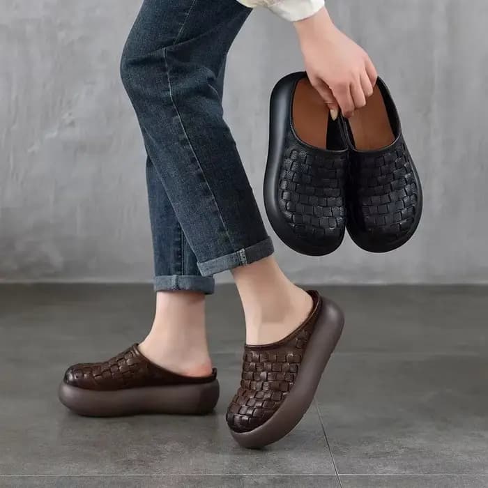 Careaymade – pantoufles à plateforme en cuir véritable rétro tissé à bout rond pour femmes, chaussur