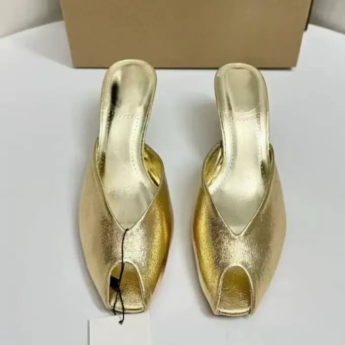 Mules dorées brillantes pour femmes, chaussures à enfiler, à bout ouvert, talons mi-hauts, sandales 