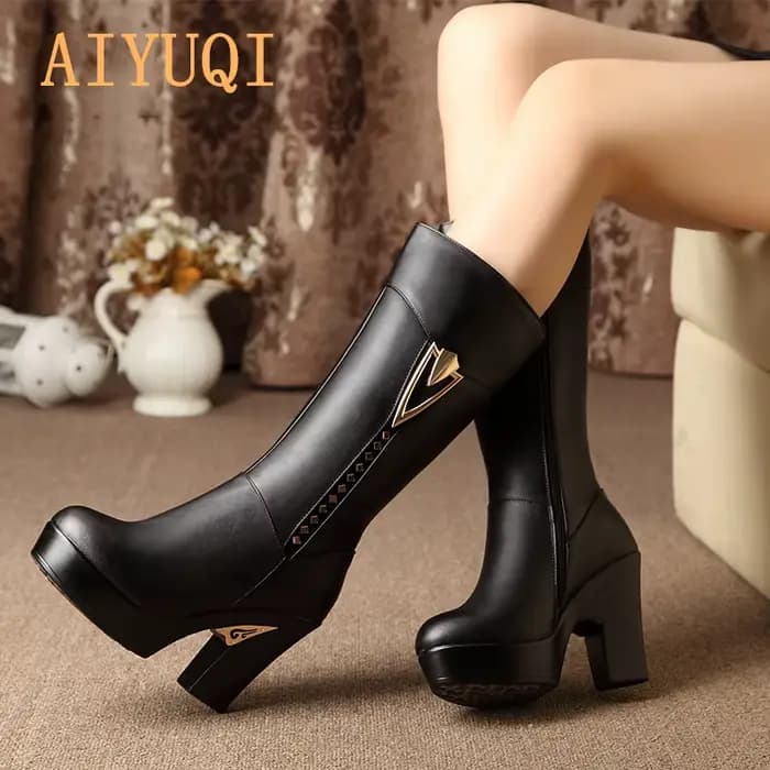 AIYUQI hiver femmes bottes première couche de cuir à talons hauts bottes en cuir véritable Gaotong é