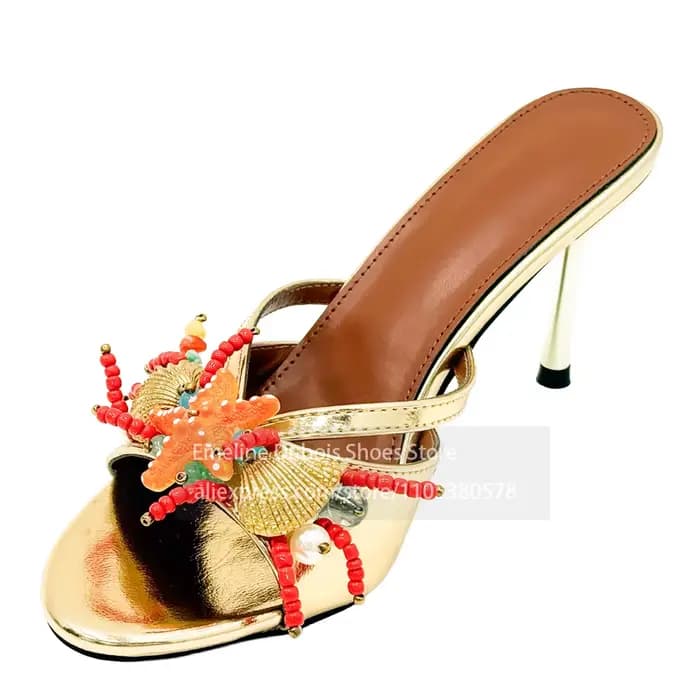 Sandales à talons hauts en forme d'étoile de mer et coquillage, mules à talons aiguilles perlées col