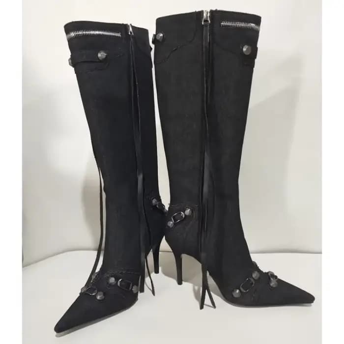 Bottes Hautes à Talons Fins et Pointus pour Femme, Chaussures en Denim, Design de Marque, à la Mode,