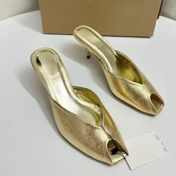 Mules dorées brillantes pour femmes, chaussures à enfiler, à bout ouvert, talons mi-hauts, sandales 