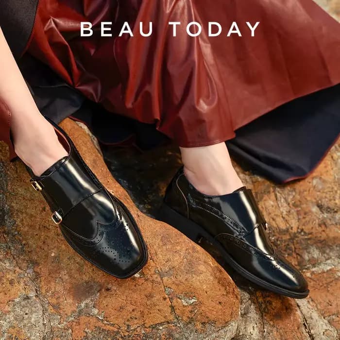 BeauToday-Chaussures moine en cuir de vache véritable pour femme, avec sangle, style Brogue, rondes,