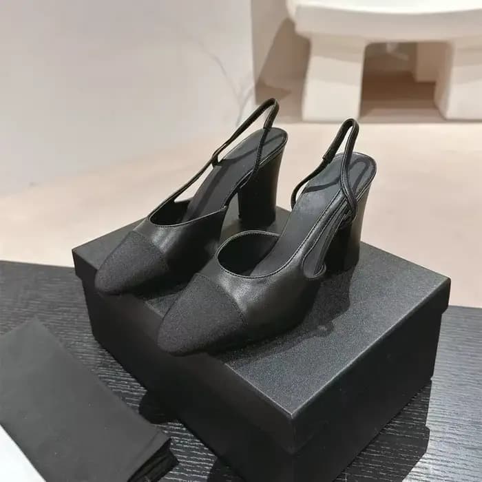 Nouvelles sandales de luxe en cuir noir de haute qualité pour femmes, à talon moyen et bout pointu, 
