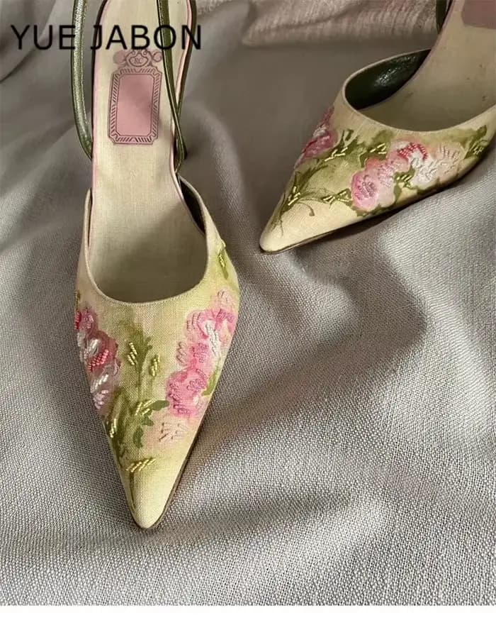 Sandales à Talons Aiguilles Brodées de Fleurs pour Femme, Escarpins Élégants à Talons Hauts, de Chin