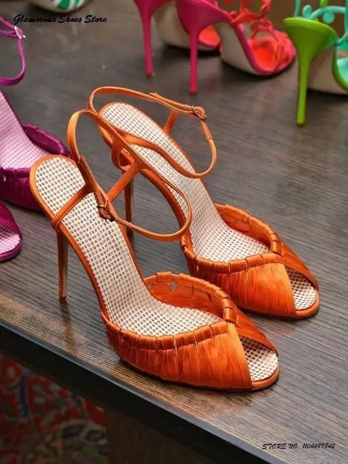 Sandales de soirée en satin pour femmes, chaussures d'été élégantes à bout rond et ouvert, talons ai