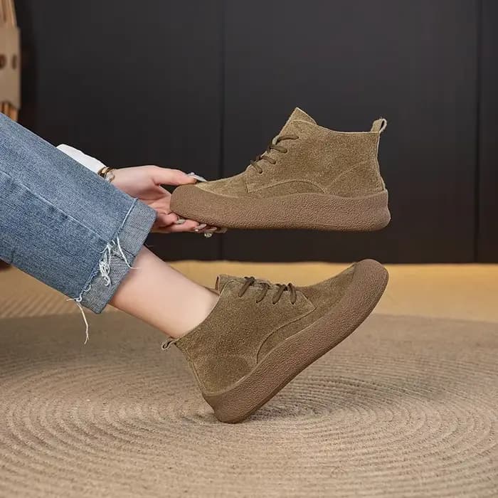 Bottines en cuir véritable pour femme, bout rond, à lacets, plates, confortables, antidérapantes, gr