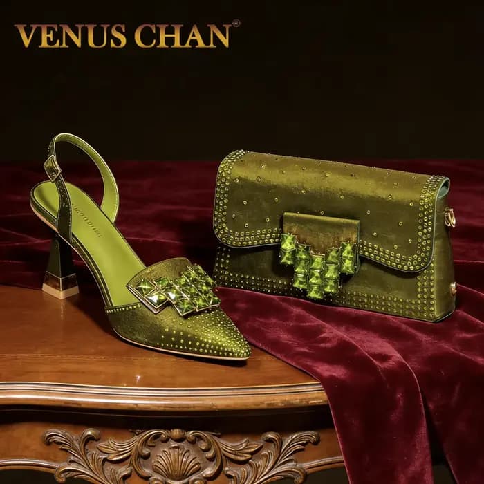 Ensemble de talons hauts pointus et sac assorti pour femmes, design italien 2026, vert olive, strass