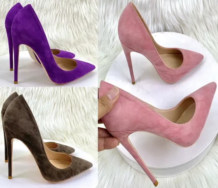 Escarpins en daim marron violet uni à talons aiguilles de 8, 10, 12 cm, à bout pointu, en daim rose,