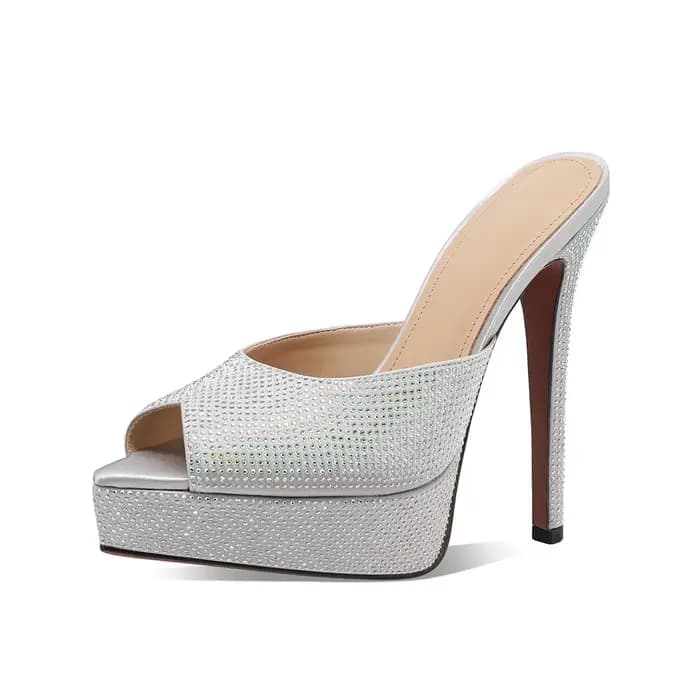 Mules d'été Arden Furtado en satin noir à plateforme, ornées de cristaux, à bout ouvert, à talon trè